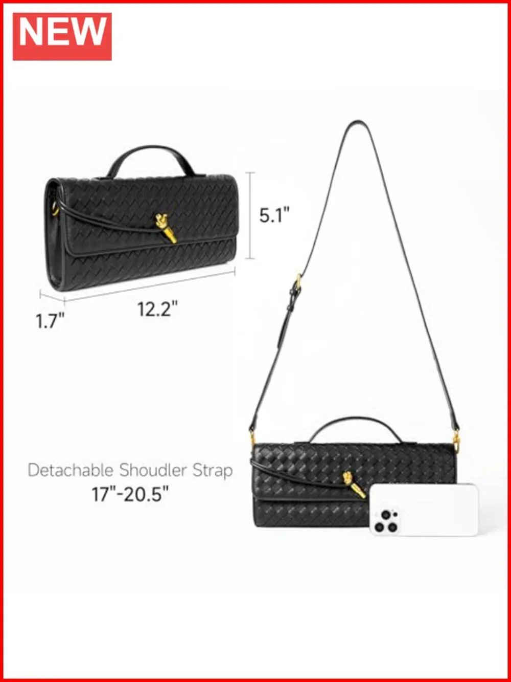 Woven Vegan Leather Evening Clutch Crossbody Bag with Detachable Strap